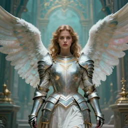 one angel, big wings, low key light, full plate armor with cloth, f 2. 8, bokeh, extreme close up portrait, gentle, female, ornate city ruins, landscape, d & d, fantasy, elegant, teal pink white gold color palette, roger deakins, sharp focus, concept art, art by artgerm and greg rutkowski and alphonse mucha