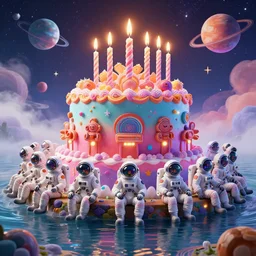twelve cosmonauts sitting by the river with + promt happy birthday at the top + big holiday cake + psychedelic colors + octane render + ue 5 + planets and stars + mystical fog + psychedelic colors + trippy colors + super detail, high quality