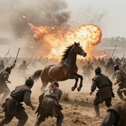 an horse attacking a horde of humans in a battlefield, explosions, foggy, dust, dirt, cinematography, photography, realistic, detailed, - n 9