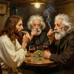 a close up painting of jesus christ, einstein, darwin, in an after small comfy cozy empty pub, they are all meeting on a tabletop, smoking weed and drinking wine, photorealism, hyperdetailed, volumetric lightening, octane render, award winning, by alphonse mucha