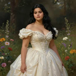 beautiful thirty year old woman with long black hair, tan skin, curvy hourglass figure, round cute face, slight resemblance to selena gomez wearing a modest disney princess gown in a field of flowers. beautiful painting by artgerm and greg rutkowski and bouguereau