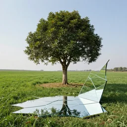mandarin tree in a field, in 4 d dimension, reflecting from a broken mirror by mc escher