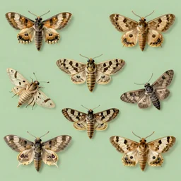 wallpaper depicting six-spot burnet moths of different sizes over a soft green background, botanical drawing by Maria Sybilla Merian, scientific illustration