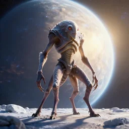 4 legged and two armed sentient being from a world in the andromeda galaxy. it's species has evolved to live in the extreme cold in the southern hemisphere of its planet. portrait photograph, volumetric lighting, golden ratio composition, strong backlight