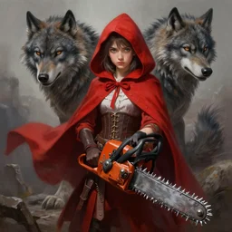 digital _ painting _ of _ little red riding silk hood wolf slayer with chainsaw _ by _ filipe _ pagliuso _ and _ justin _ gerard _ unsymmetric _ fantasy _ highly _ detailed _ realistic _ intricate _ port