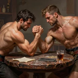 arm wrestling, brawl fight while the tavern breaks into a brawl,. intricate, elegant, highly detailed, digital painting, artstation, concept art, sharp focus, illustration, by justin gerard and artgerm, 8 k
