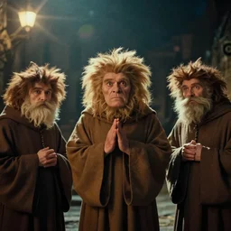 breton monks that look like rasputini n the lorax as the lorax movie still, cinematic lighting, ray tracing, octane render, long lens, shallow depth of field, bokeh, anamorphic lens flare, 8 k, hyper detailed, 3 5 mm film grain