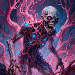 A zombie with bioluminescent varicose veins and blood vessels, by artgerm and moebius and Peter mohrbacher, artstation, vivid pink and blue colors, stunning fantasy horror, smooth, intricate, ornate, digital painting, artstation, concept art, morbid fantasy, sharp focus, illustration, trending on artstation