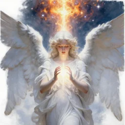 renaissance hyper realistic painting of white angel!!! beautiful face, no gender!!!, ball of miracle light from the chest!!!!!, miracle light coming overhead!!, miracles everywhere, lot of fire and stars overhead!!!, by caspar david friedrich, misty space, holography effect, glow effect, large strokes, high detailed, white background