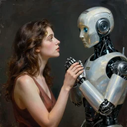 woman meeting robot, cinematic, smooth, painted by simon stalenhag