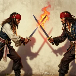 a red fire is projecting the shadows of a sword fight between two pirates on a beige wall. high details, intricate, high quality digital art rendering.