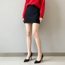 of girl wearing red sweater with short black skirt and high heal shoes
