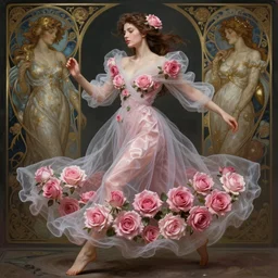 woman dressed in a vaporous wrapped large  victorian pink roses silk semi-transparent dress fashion is running  D&D, fantasy, intricate, elegant, highly detailed, digital painting, artstation, concept art, matte, sharp focus, illustration, art by Artgerm and Greg Rutkowski and Alphonse Mucha