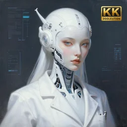 a white cast futuristic biomechanical humanoid woman doctor with pretty face, porcelain skin, ornate headpiece, futuristic digital painting, cyberpunk, 8 k,
