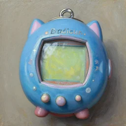 a classical oil painting of a mech tamagotchi, in the style of brawler
