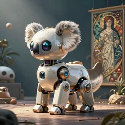 product photo of a futuristic stylized pet robot, kindchenschema, large ears, large tail, by artgerm and greg rutkowski and marc newson and zaha hadid, behance lemanoosh, alphonse mucha, otter ( koala ) mix, side view, volumetric light, detailed, octane render, midsommar - t