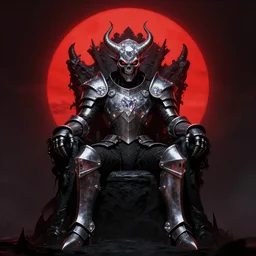 a dark matter schizophrenia sphare limbo digital art angry portrait demon in iron armor with diamonds sits on the black throne of death and looks with red eyes into the darkness against the background of a bright red sun