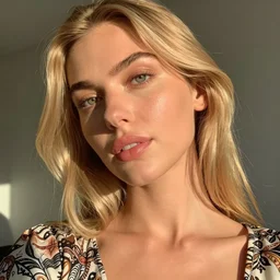 olive skinned blonde female model in her twenties, green eyes, wearing a designer top, looking content, focused on her neck, photo realistic, extreme detail skin, natural beauty, no filter, slr, golden hour, 4 k, high definition, selfie