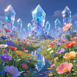 flowerfield on a luminescent crystal biome that looks like a movie shot by pixar, ultra detailed, fantasy, hyper realism, art, smooth, beautiful art, masterpiece, landscape, cinematic, wet reflections, ray tracing x, rtx, smooth