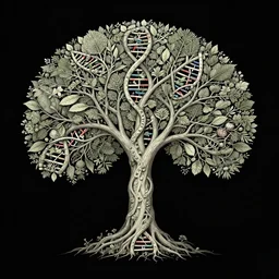 human! dna! is beautiful single tree! of life! and wisdom!, enchanted botany illustration, dark background, by marianne north, by android jones, digital matte painting, very coherently symmetrical, high contrast