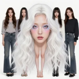 beautiful korean woman with white curly hair and pastel smeared makeup, extremely detailed, sharp focus, wide view, full body shot, smooth, digital illustration, by, james jean!!!!!, by rossdraws, frank franzzeta, sakimichan, jeremy lipking