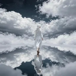 white haired girl walking in cloud pond night, fractal dreamscape, cinematic, mirror reflection, vibrant colors, digital anime illustration, award winning,