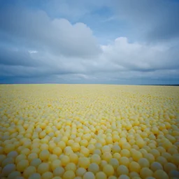 flash photography extreme wide shot of an endless expansive empty ball - pit under a blue cloudy sky, comforting yet unsettling atmosphere