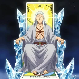 a spiritual guru sitting on a throne of ice drawn by studio trigger, in the style of Little Witch Academia, spiritual enlightenment, tarot card