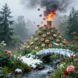 doughnuts and hamburgers raining down on candy mountain, ornate, beautiful, atmosphere, vibe, mist, smoke, fire, chimney, rain, wet, pristine, puddles, melting, dripping, snow, creek, lush, ice, bridge, green, forest, roses, flowers, by stanley artgerm lau, greg rutkowski, thomas kindkade, alphonse mucha, loish, norman rockwell