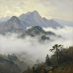 a misty mountainous landscape, realistic oil on canvas, by caspar david friedrich, john constable, beautiful lighting, acclaimed award - winning art