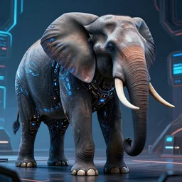 hyper realistic futuristic cybertronic elephant. high details of body and face. complex realistic mechanical body. blue led. retro futuristic background cyberpunk style, natural realistic render, trending on art station, 8 k render alan lee, by artgerm.