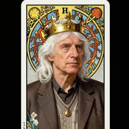 realistic white - haired geoffrey hinton in a crown with neural networks on a tarot card, tarot in art style by alphonse mucha