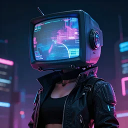 a cyberpunk woman, there is a TV covering her head that she wears as a helmet, digital art, trending on artstation