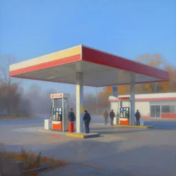 busy gas station, blue sky, autumn morning, misty, a painting by kenton nelson