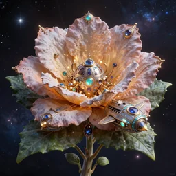 space ship organic, flower, leaf, cosmic, highly detailed ornate with jewels and precious metals futuristic, sandman kingdom, kingdom of dreams, space ships, hiperrealistc, global illumination, radiant light, stellar background, by louise nevelson, peter gric, peter mohrbacher