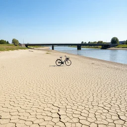 drought of the river nearby nijmegen with a bridge over the river and single bike standing in the middle of the dried up river, picture, 4 k, realistic, sunny weather, blue sky