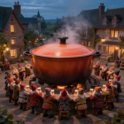 a huge dutch oven in the town. the dutch oven has a crowd of dwarves and humans drinking beer in front of it, evening, high fantasy