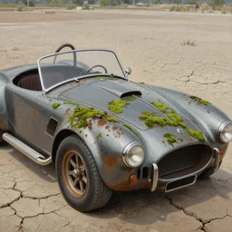 closeup of rusty shelby cobra, moss covered, desert, cracked dry lake bed, by Zdzislaw Beksinski, Norman Rockwell, highly detailed, soft lighting, 8k resolution, oil on canvas