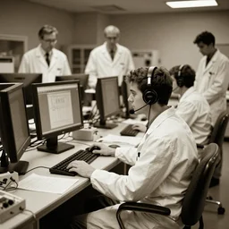 a young man sitting on a chair wearing a headset connected to a supercomputer, surrounded by scientists in lab coat in a dimly lit room, film grain, photojournalism, sepia