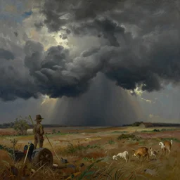 painting of a storm coming over a field, a matte painting by rhads, featured on deviantart, hudson river school, apocalypse landscape, apocalypse art, storybook illustration