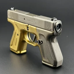 an sls 3 d printed golden and silver glock 1 9. 8 0 mm lens, f 1. 8.