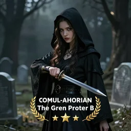 A woman dressed in a black hooded robe, wielding daggers, she is lurking in the shadows of a graveyard, digital art