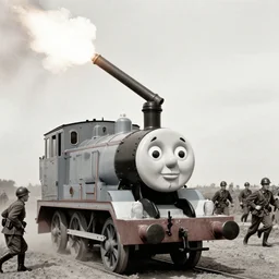 WW2 era photograph, the face of Thomas the tank engine attached to a 800mm German super-heavy-mortar with a huge gun barrel firing a shot upwards, there are german soldiers running around, grainy, high detail