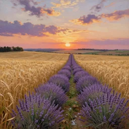 beautiful landscape of wheat fields, lavender, grass and water, extremely high detail, hyperrealistic oil painting, warm colors, sunset, by caspar david friedrich