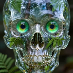 a clear glass skull with beautiful green eyes reflecting a sky full of stars in each iris, floating in a rain forest with ferns and large cedar trees, hyper realistic, fractal algorightmic art, art station, coherent design, symmetrical, vivid color, complementary color, golden ratio, detailed, sharp lines, intricate, rainbow shift, in unreal 3 d engine, nvidia optix, ray tracing, octane render