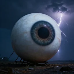 giant eyeball in the sky, thunder and lightning in the background, dramatic lighting, melancholy