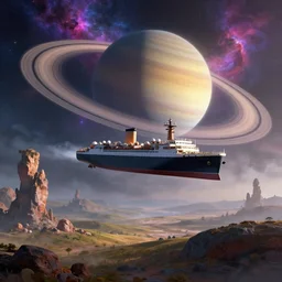 large ship flies over on an alien landscape, sci - fi, huge saturn with rings in the background, vibrant nebula, strange rock formations, rolling hills, atmospheric, misty, artstation, deviantart, 8 k, ultra hd