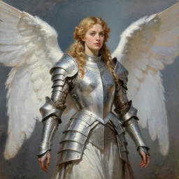 beautiful realistic oil painting of esmeralda in angelic armor, high fantasy, by peter mohrbacher