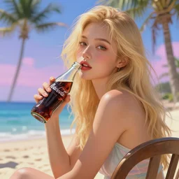 a beautiful blond asian girl on chair hold coke in mediterranean beach, palm tree, majoy dreamlike sky,, cinematic lighting, highly detailed, digital painting, trending on artstation, pixiv, masterpiece, concept art, close up shot, laura sava illustration, art by ross tran and wlop, ilya kuvshinov, jeremiah ketner