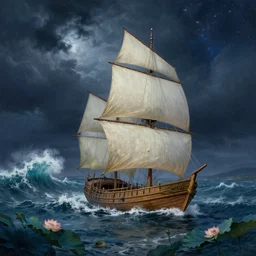 A real photographic landscape painting with incomparable reality,Super wide,Ominous sky,Sailing boat,Wooden boat,Lotus,Huge waves,Starry night,Harry potter,Volumetric lighting,Clearing,Realistic,James gurney,artstation,8K